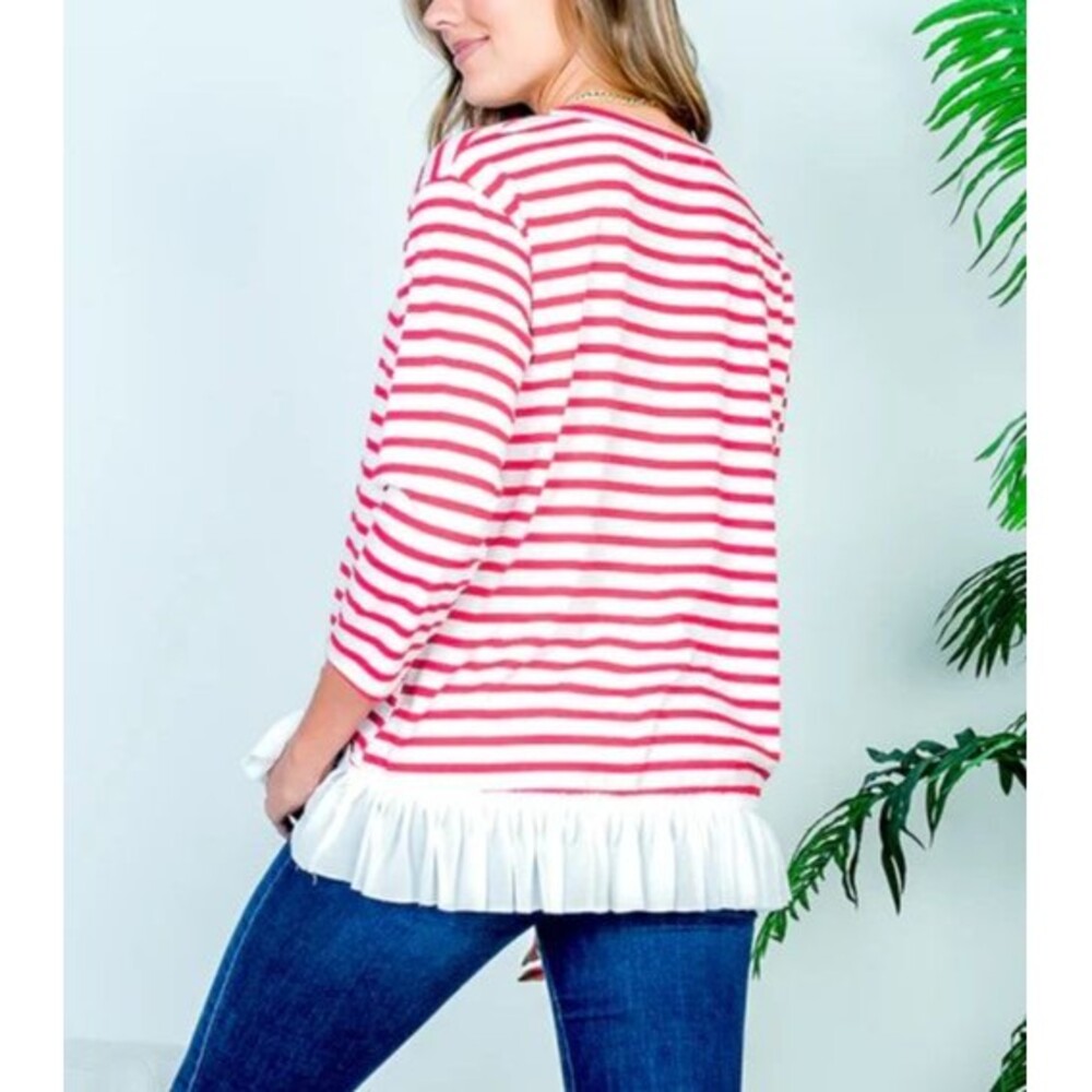 Women’s Boat Neck 3/4 Sleeve Red & White Striped Top Ruffle Hem Size M - Picture 4 of 10